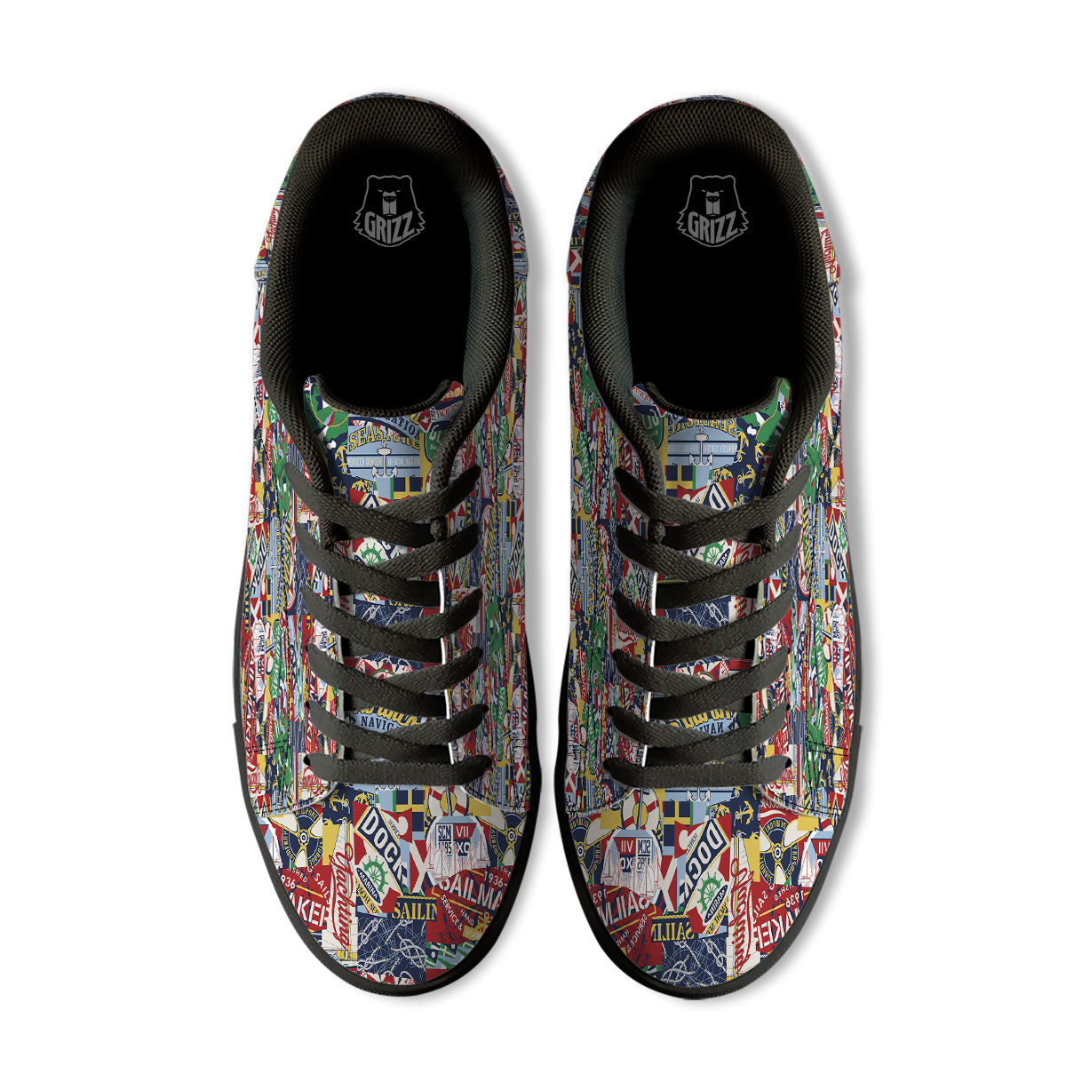 Patchwork Vintage Nautical Print Pattern Black Low Top Sneakers-grizzshop
