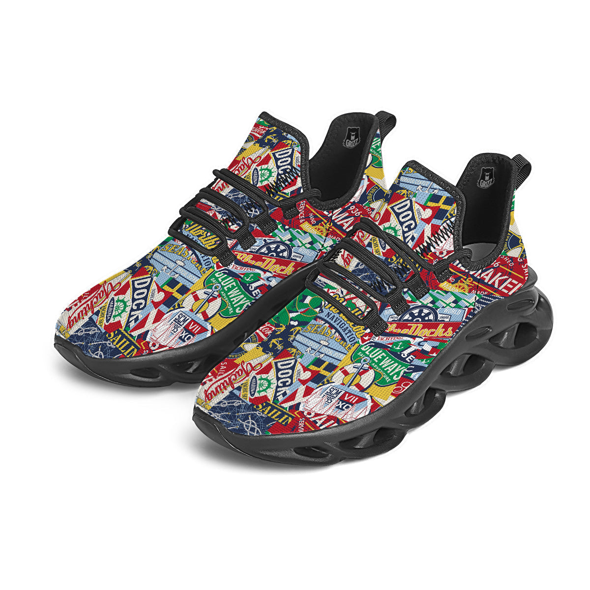 Patchwork Vintage Nautical Print Pattern Black Running Shoes-grizzshop