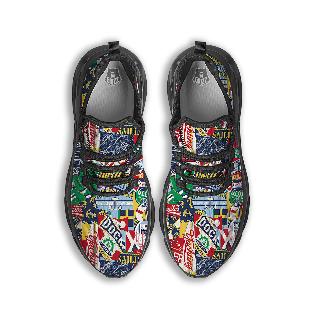 Patchwork Vintage Nautical Print Pattern Black Running Shoes-grizzshop