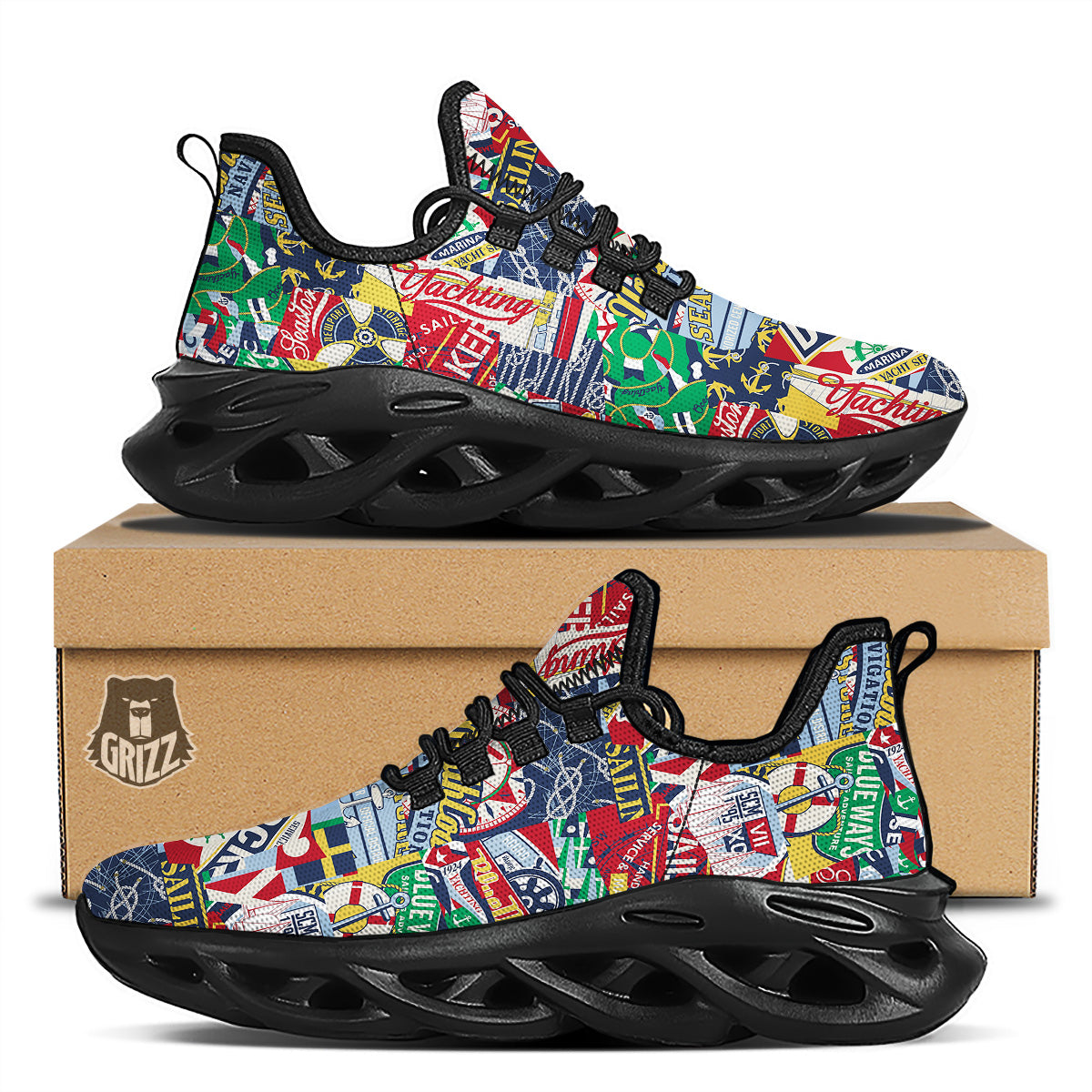 Patchwork Vintage Nautical Print Pattern Black Running Shoes-grizzshop