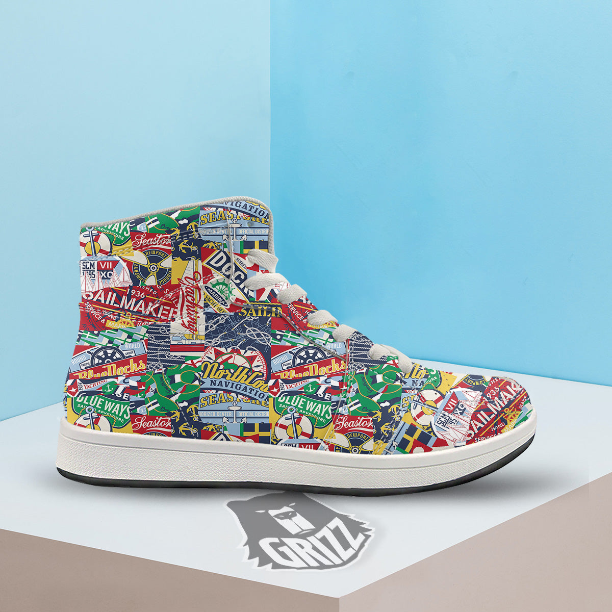 Patchwork Vintage Nautical Print Pattern High Top Sneakers-grizzshop