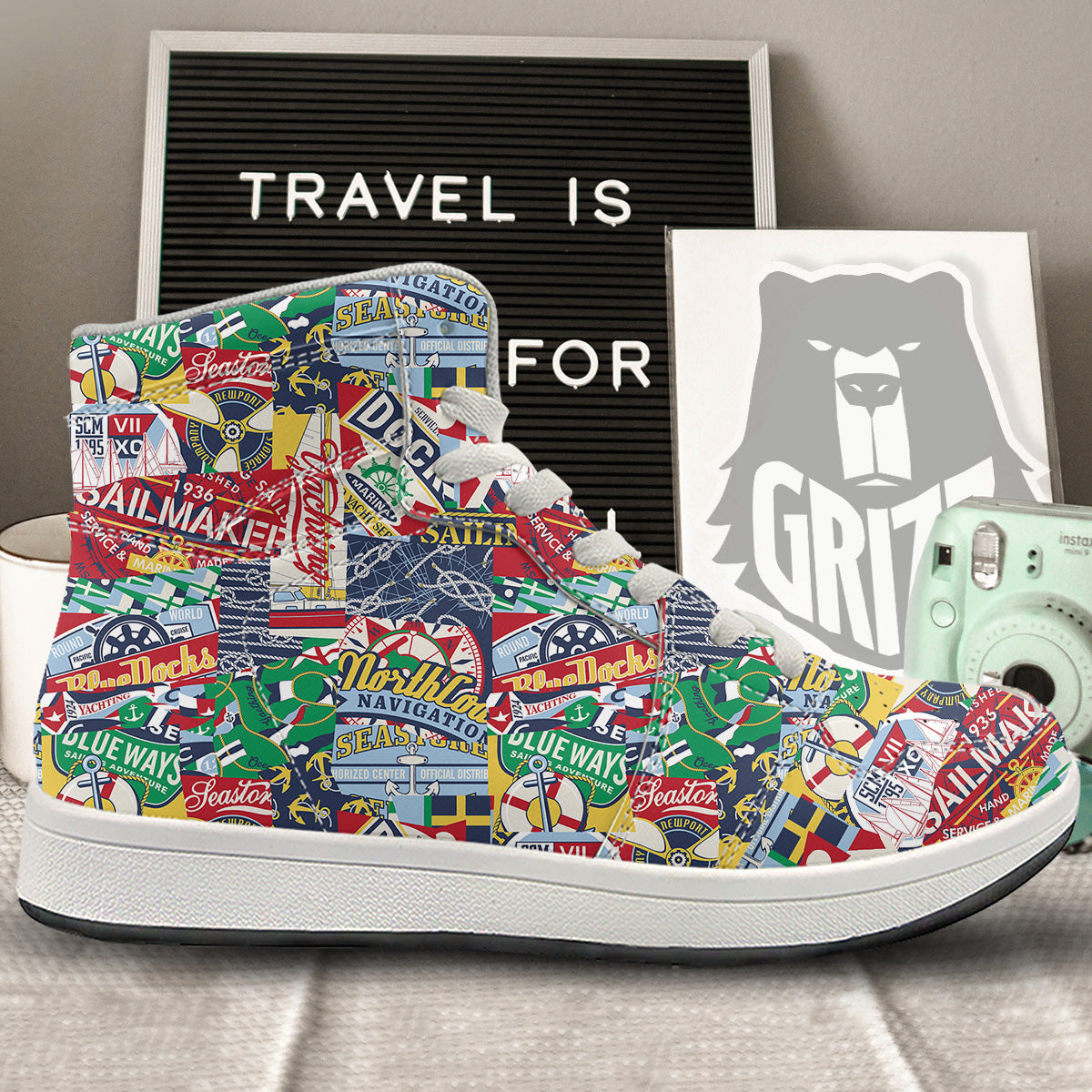 Patchwork Vintage Nautical Print Pattern High Top Sneakers-grizzshop