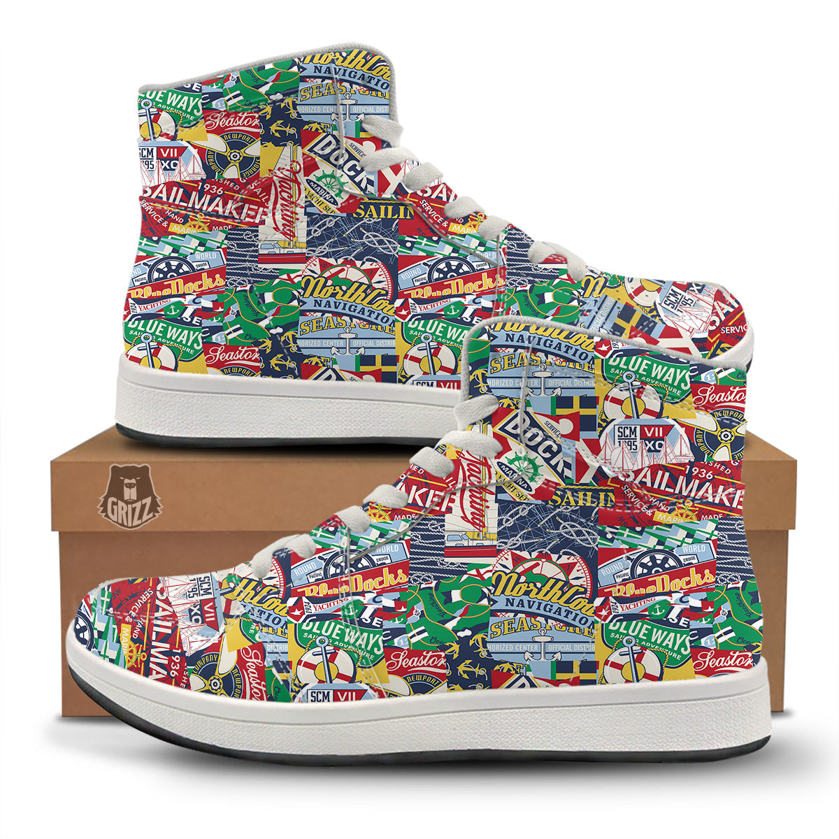 Patchwork Vintage Nautical Print Pattern High Top Sneakers-grizzshop
