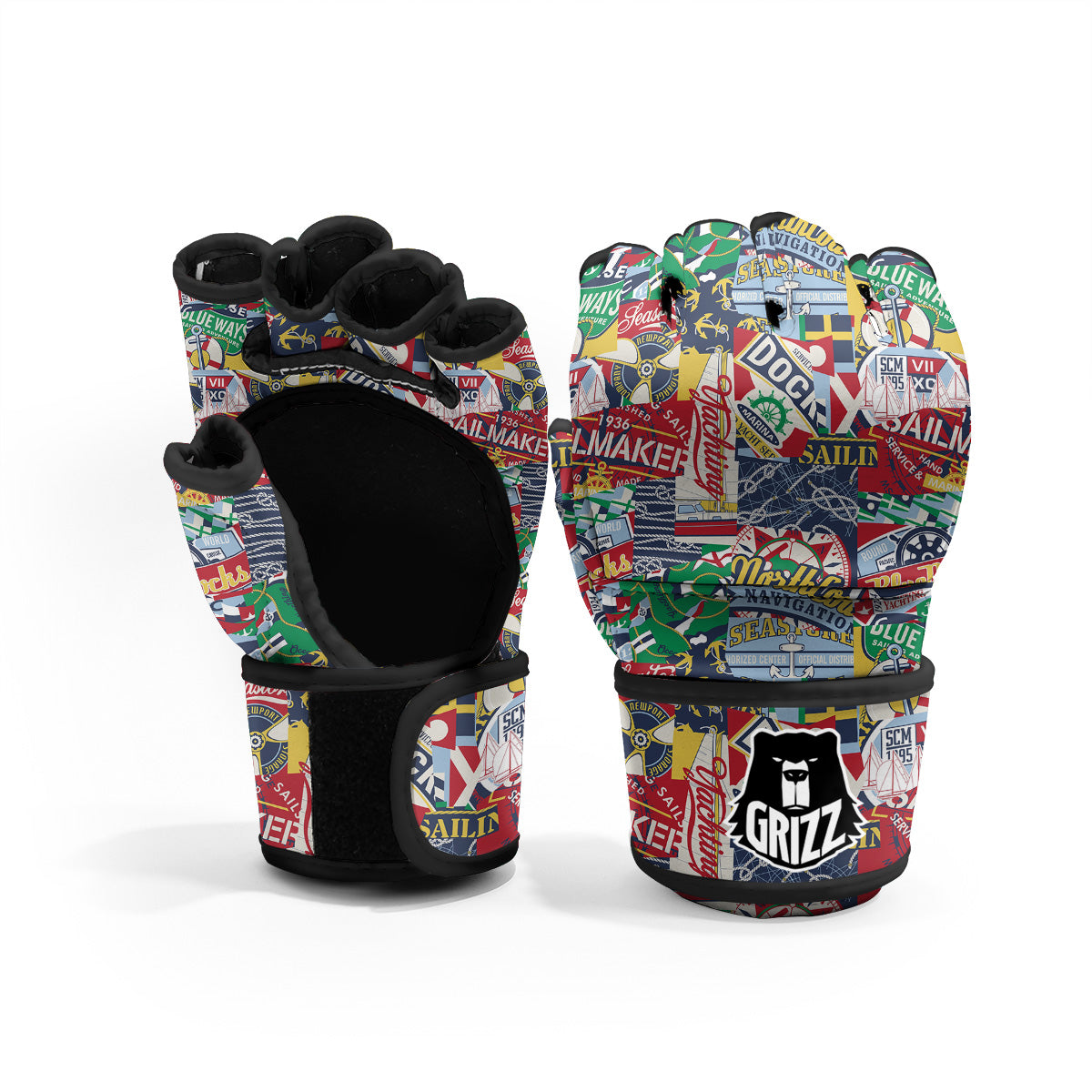 Patchwork Vintage Nautical Print Pattern MMA Gloves-grizzshop
