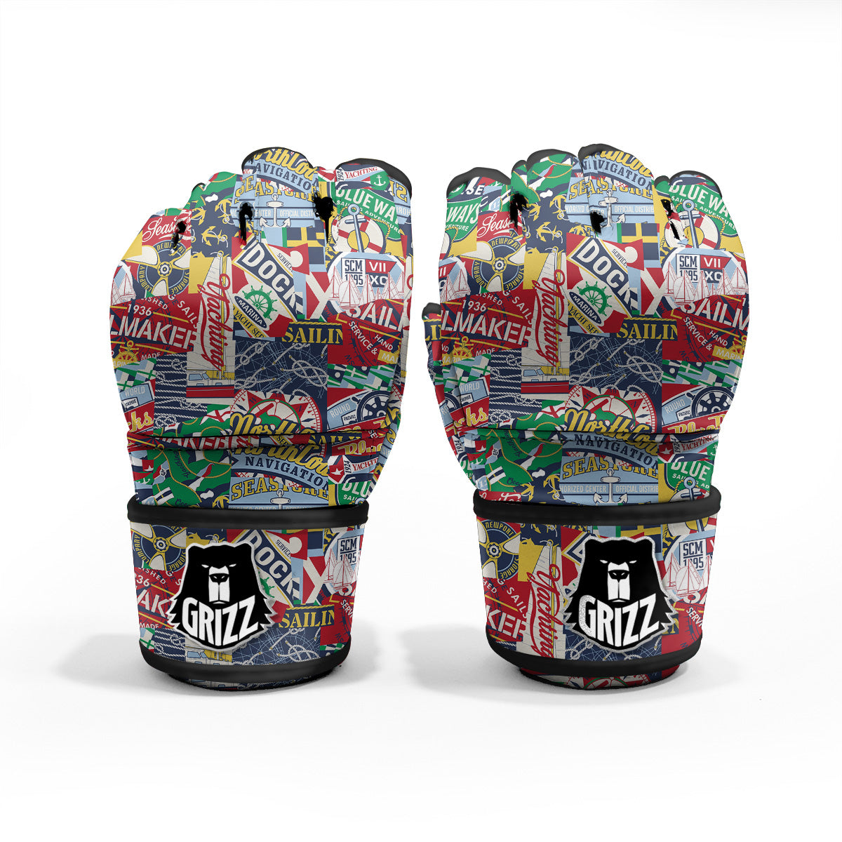 Patchwork Vintage Nautical Print Pattern MMA Gloves-grizzshop