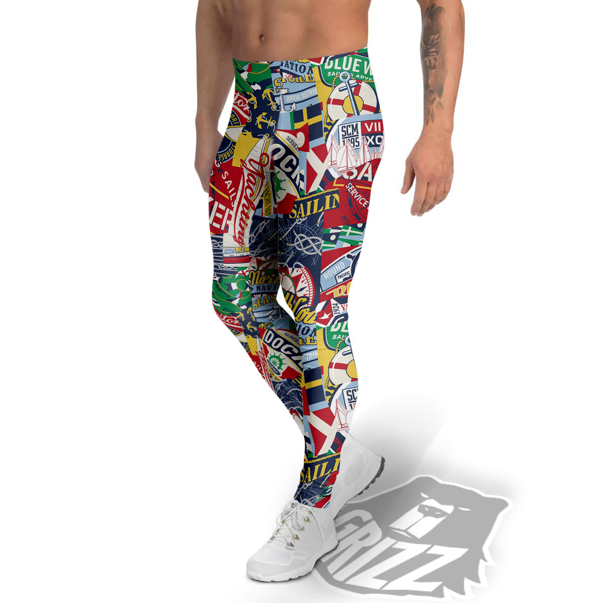 Patchwork Vintage Nautical Print Pattern Men's Leggings-grizzshop