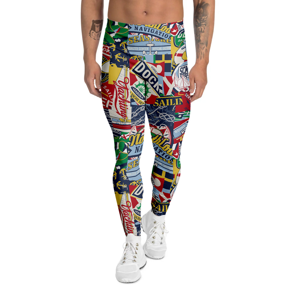 Patchwork Vintage Nautical Print Pattern Men's Leggings-grizzshop