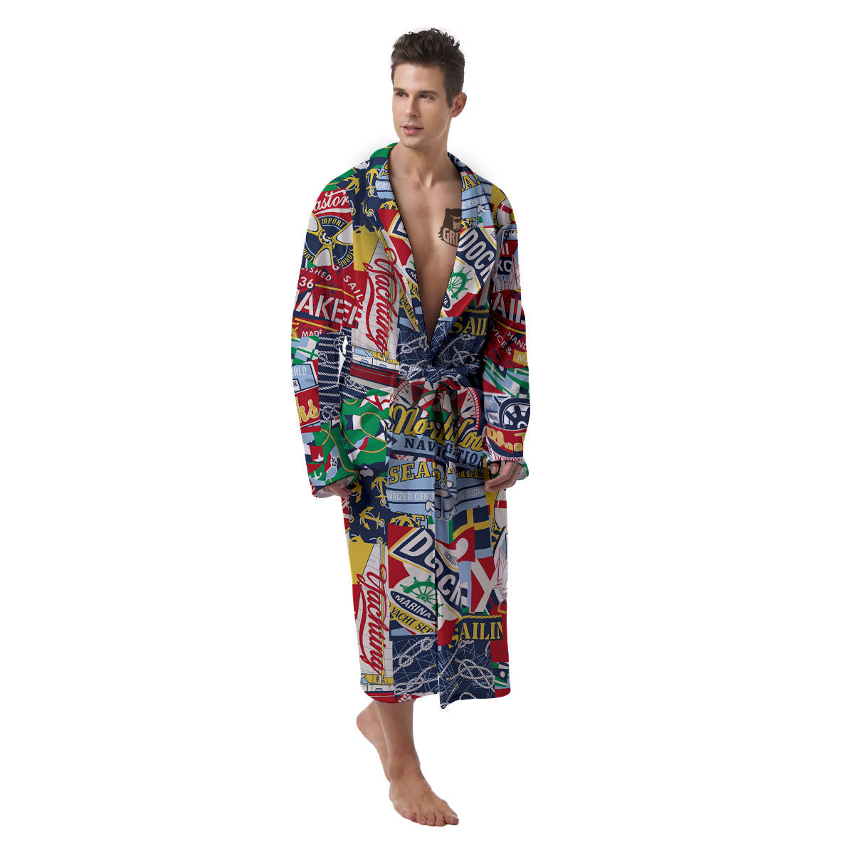 Patchwork Vintage Nautical Print Pattern Men's Robe-grizzshop