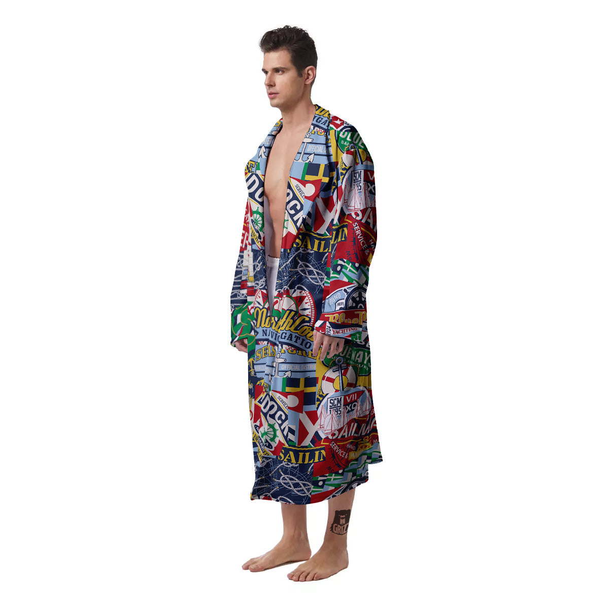 Patchwork Vintage Nautical Print Pattern Men's Robe-grizzshop