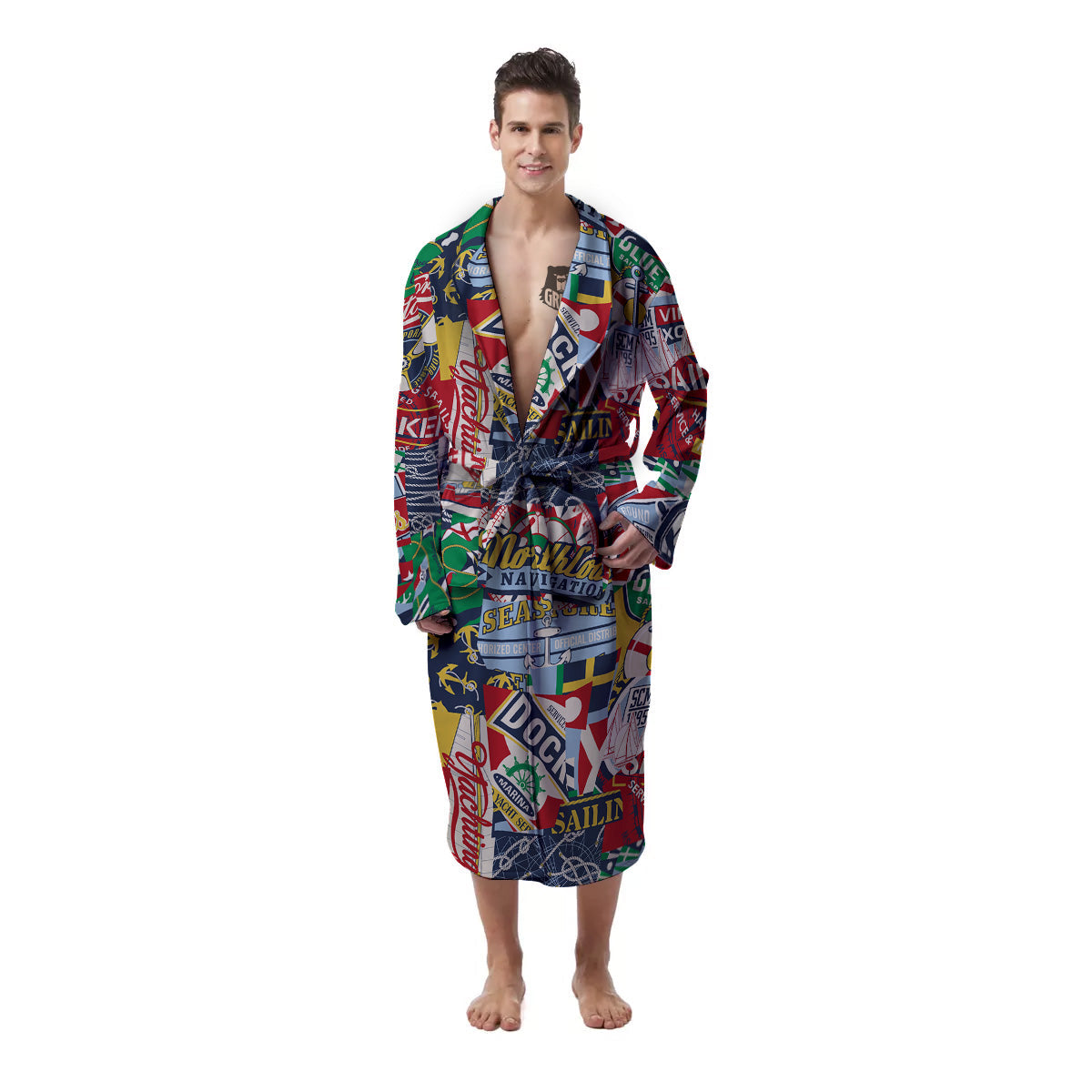 Patchwork Vintage Nautical Print Pattern Men's Robe-grizzshop