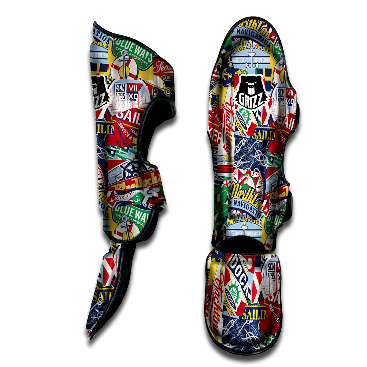 Patchwork Vintage Nautical Print Pattern Muay Thai Shin Guards-grizzshop