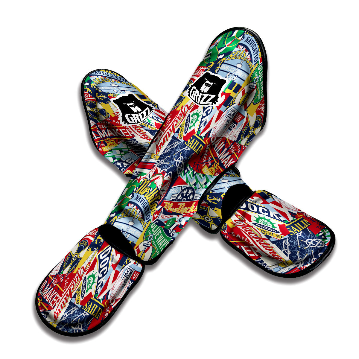 Patchwork Vintage Nautical Print Pattern Muay Thai Shin Guards-grizzshop