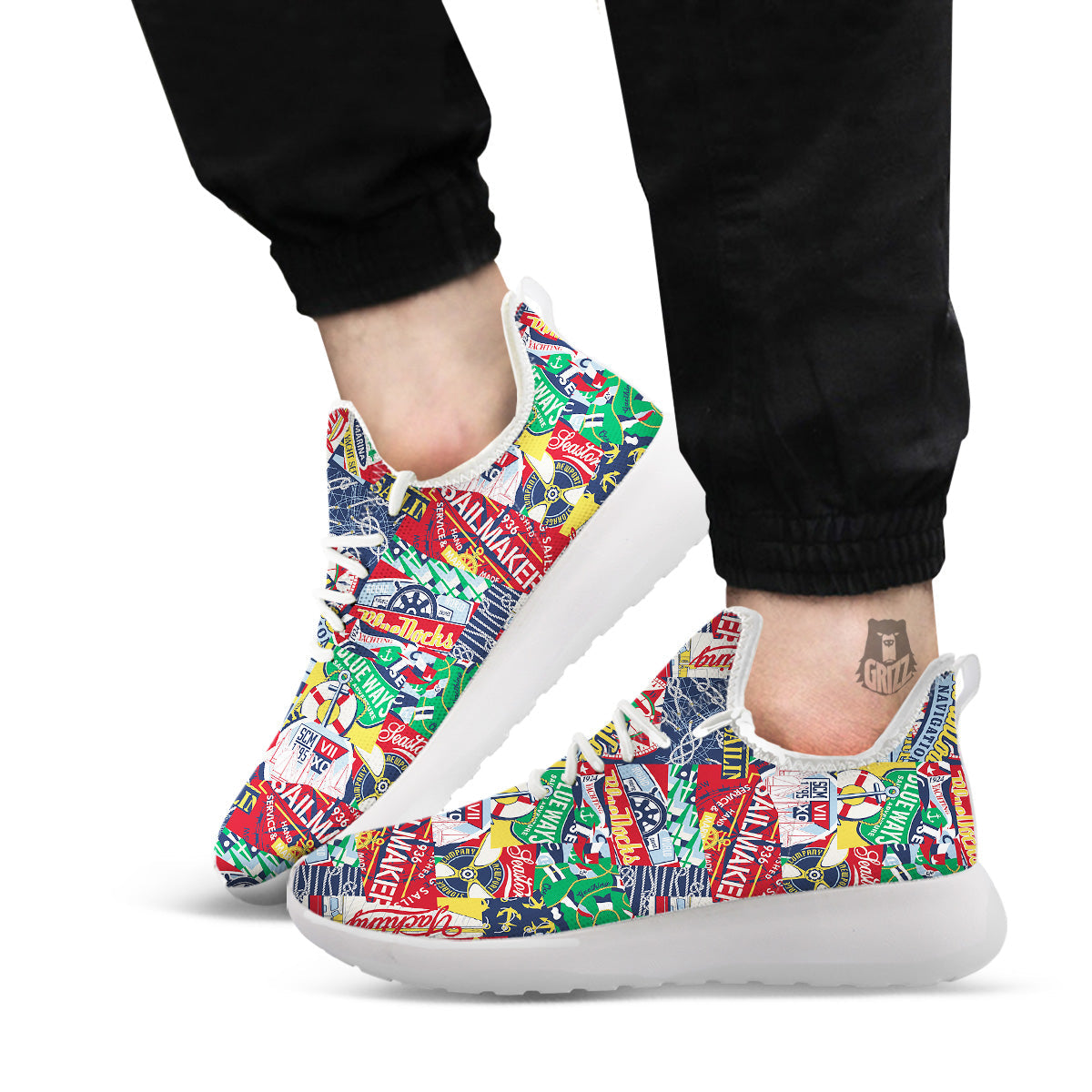 Patchwork Vintage Nautical Print Pattern White Athletic Shoes-grizzshop