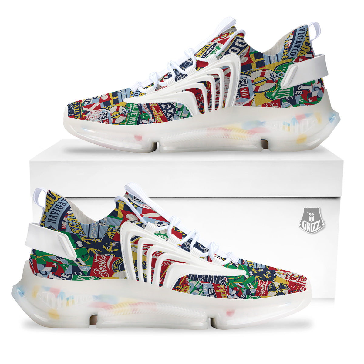 Patchwork Vintage Nautical Print Pattern White Gym Shoes-grizzshop