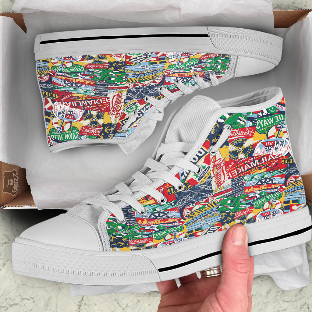 Patchwork Vintage Nautical Print Pattern White High Top Shoes-grizzshop