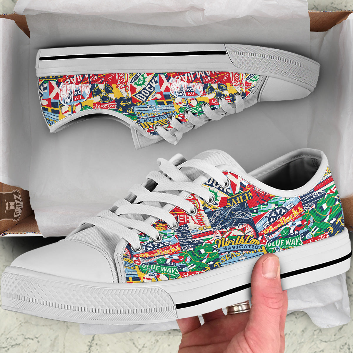 Patchwork Vintage Nautical Print Pattern White Low Top Shoes-grizzshop