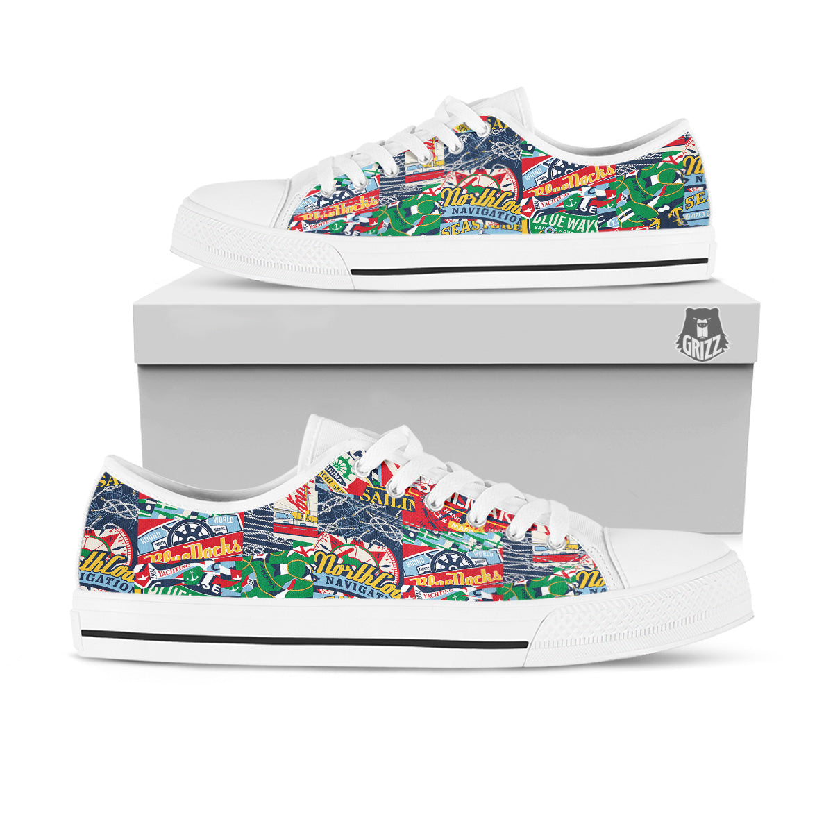 Patchwork Vintage Nautical Print Pattern White Low Top Shoes-grizzshop