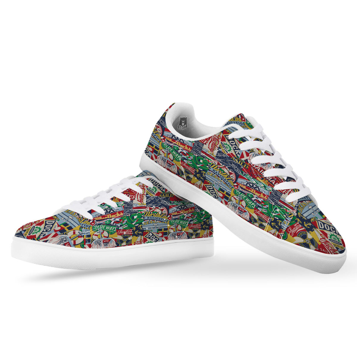 Patchwork Vintage Nautical Print Pattern White Low Top Sneakers-grizzshop