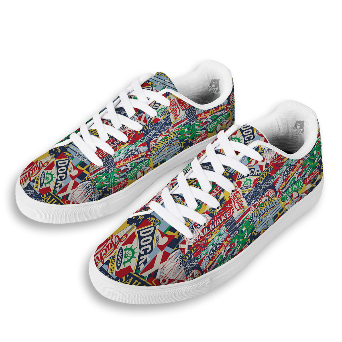 Patchwork Vintage Nautical Print Pattern White Low Top Sneakers-grizzshop