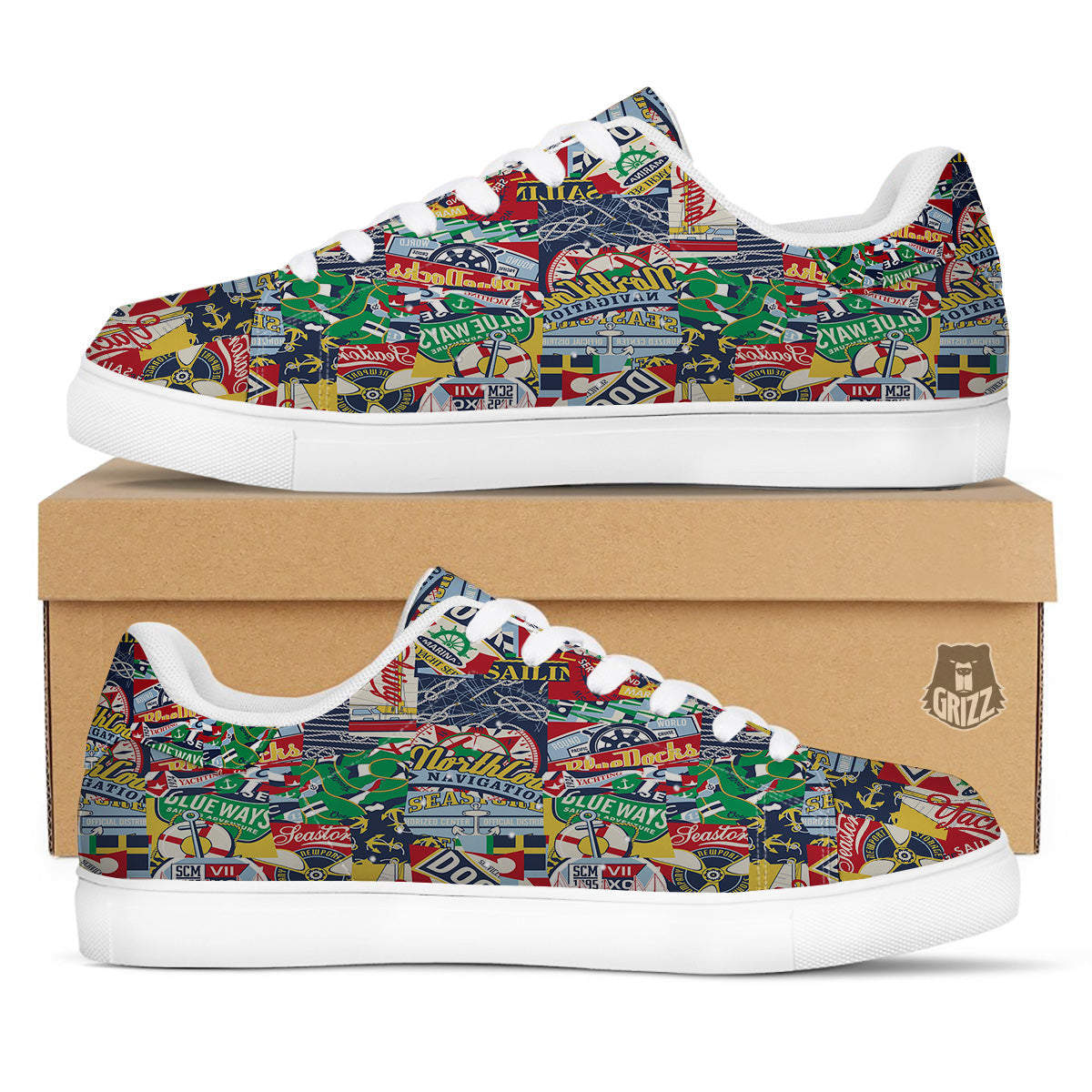 Patchwork Vintage Nautical Print Pattern White Low Top Sneakers-grizzshop