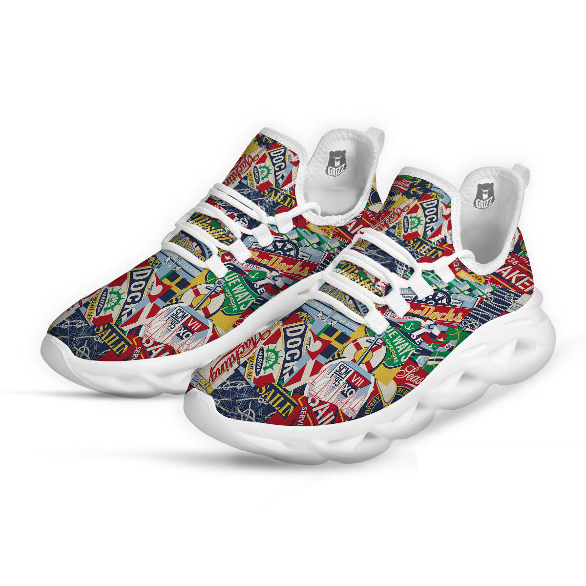 Patchwork Vintage Nautical Print Pattern White Running Shoes-grizzshop