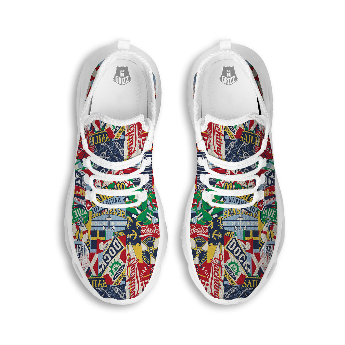 Patchwork Vintage Nautical Print Pattern White Running Shoes-grizzshop