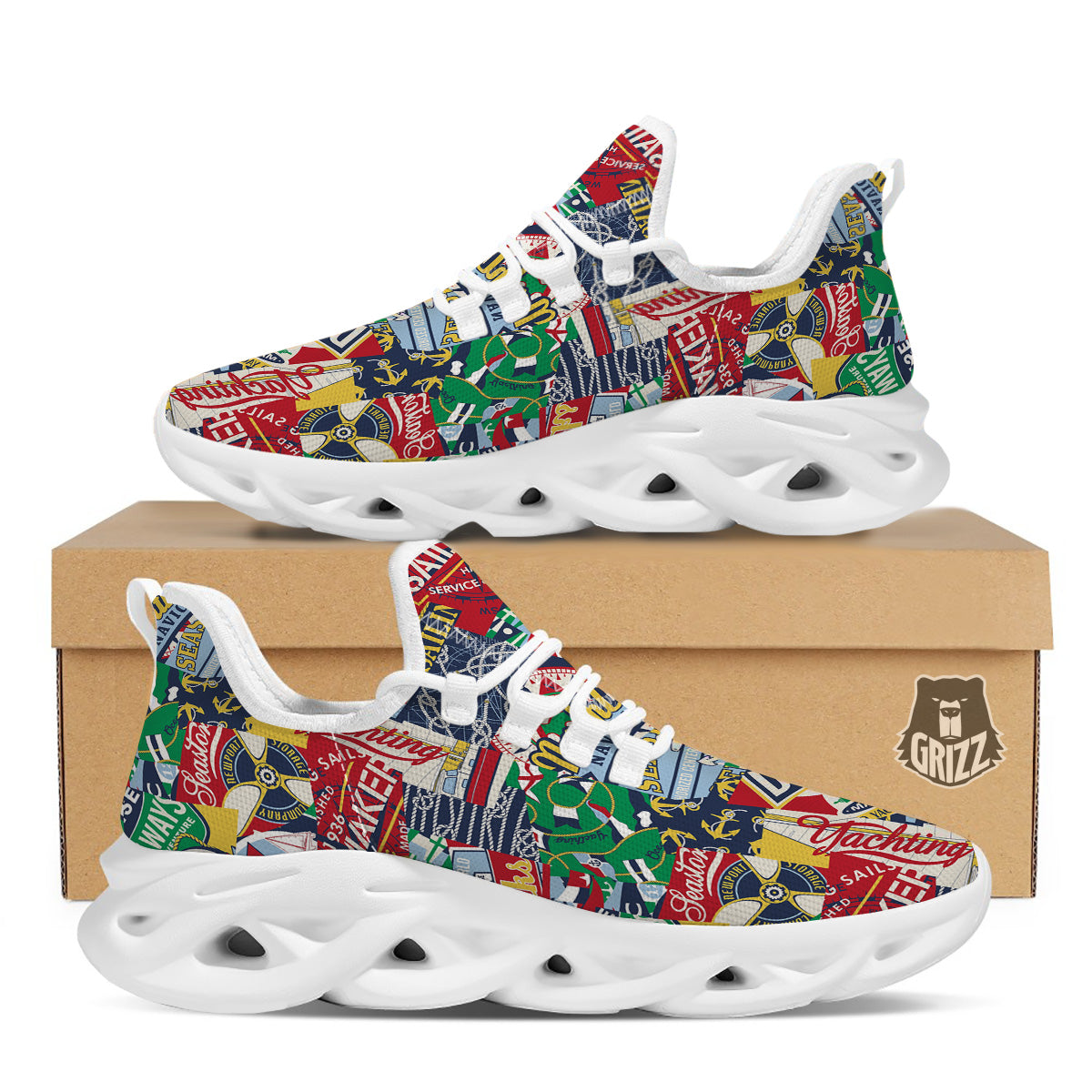 Patchwork Vintage Nautical Print Pattern White Running Shoes-grizzshop
