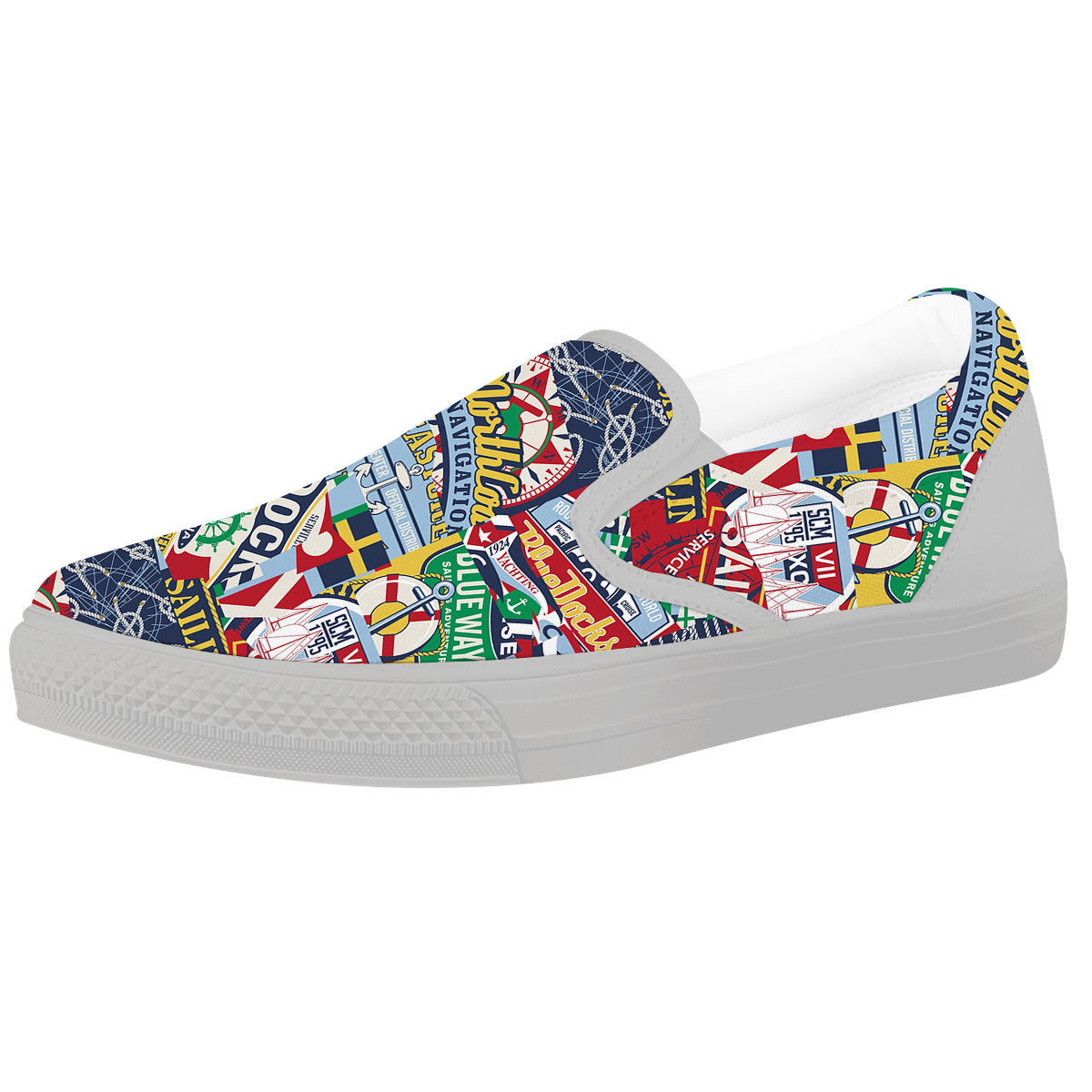 Patchwork Vintage Nautical Print Pattern White Slip On Shoes-grizzshop