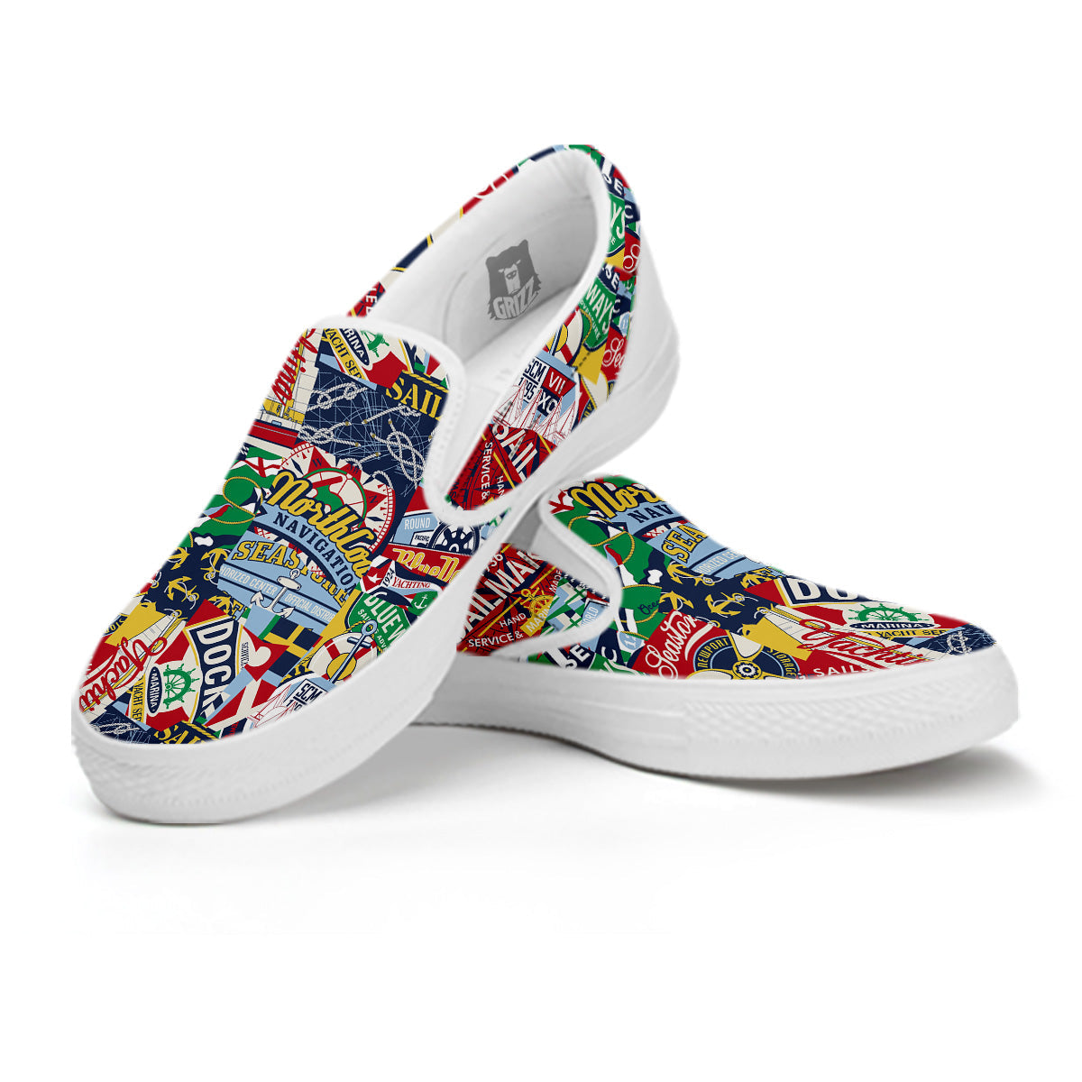 Patchwork Vintage Nautical Print Pattern White Slip On Shoes-grizzshop