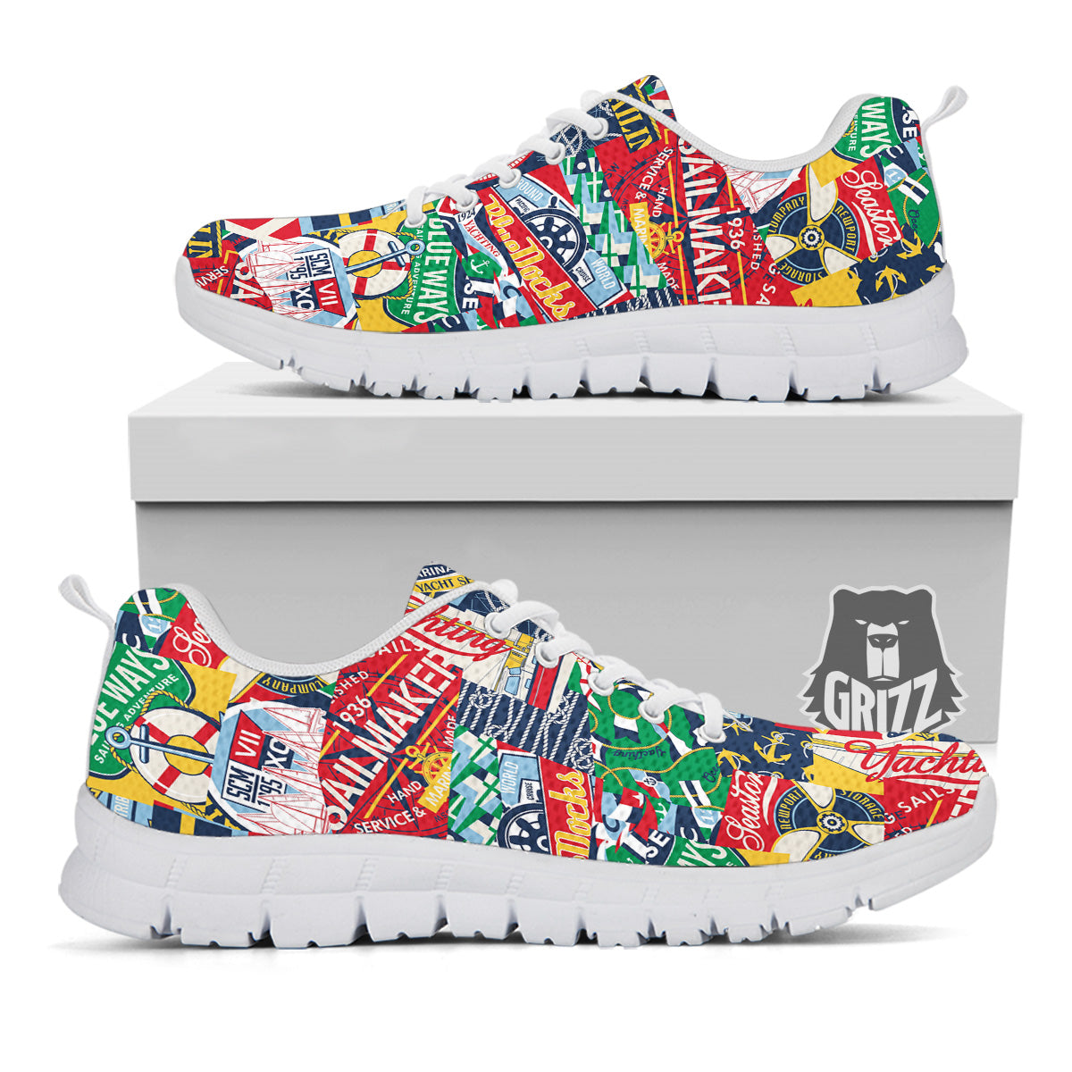 Patchwork Vintage Nautical Print Pattern White Sneaker-grizzshop