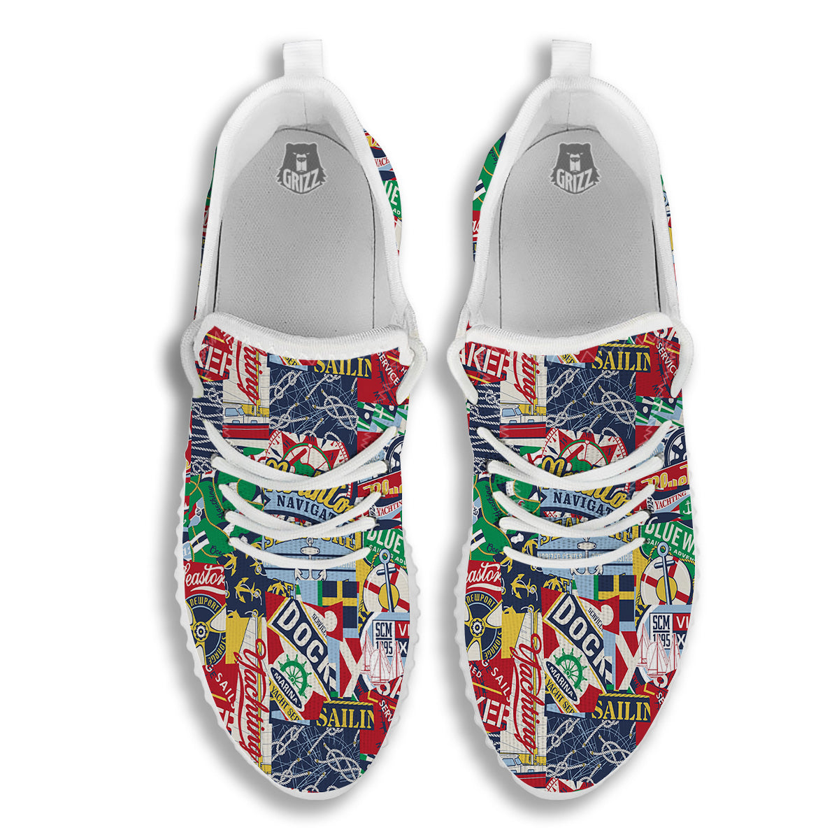 Patchwork Vintage Nautical Print Pattern White Walking Shoes-grizzshop