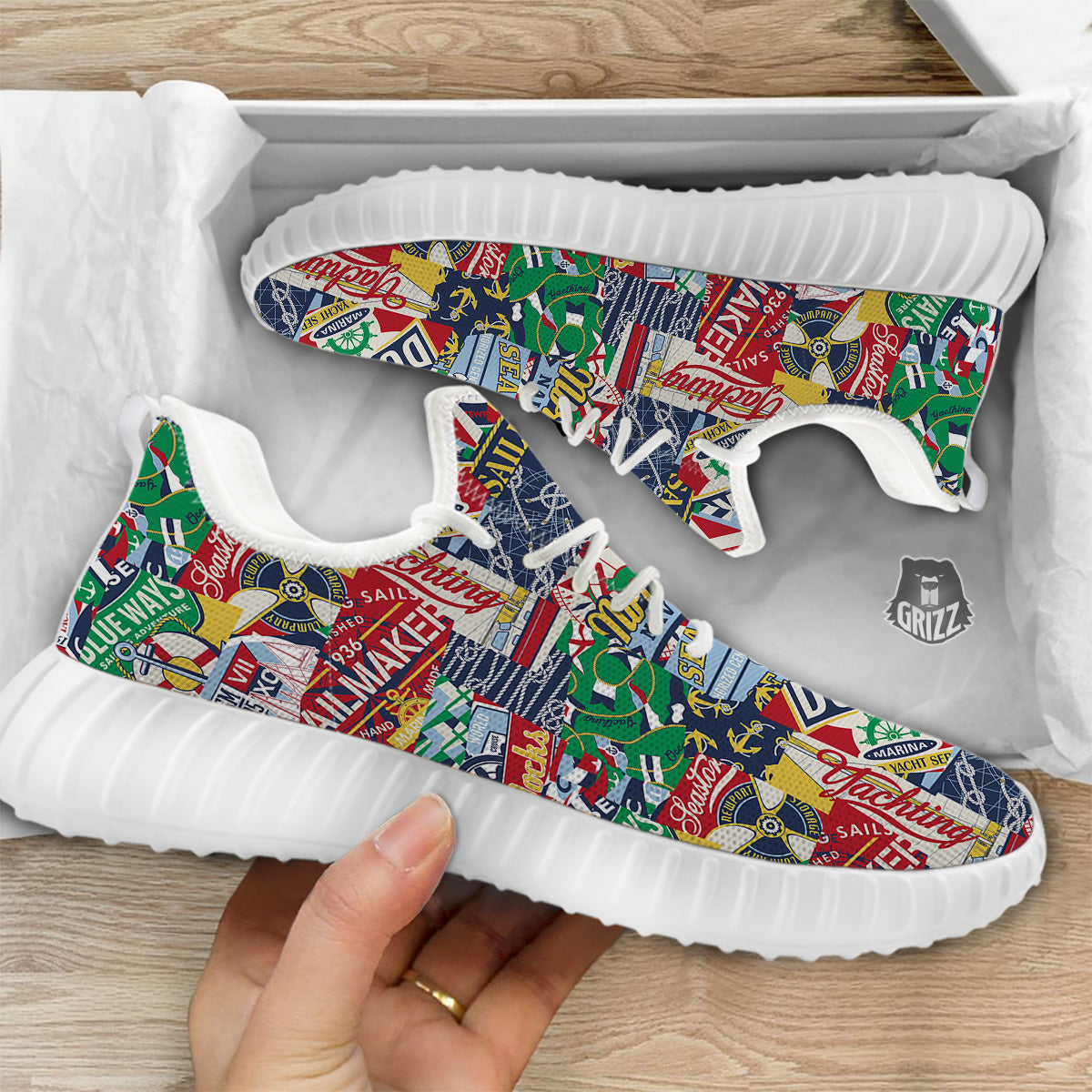 Patchwork Vintage Nautical Print Pattern White Walking Shoes-grizzshop