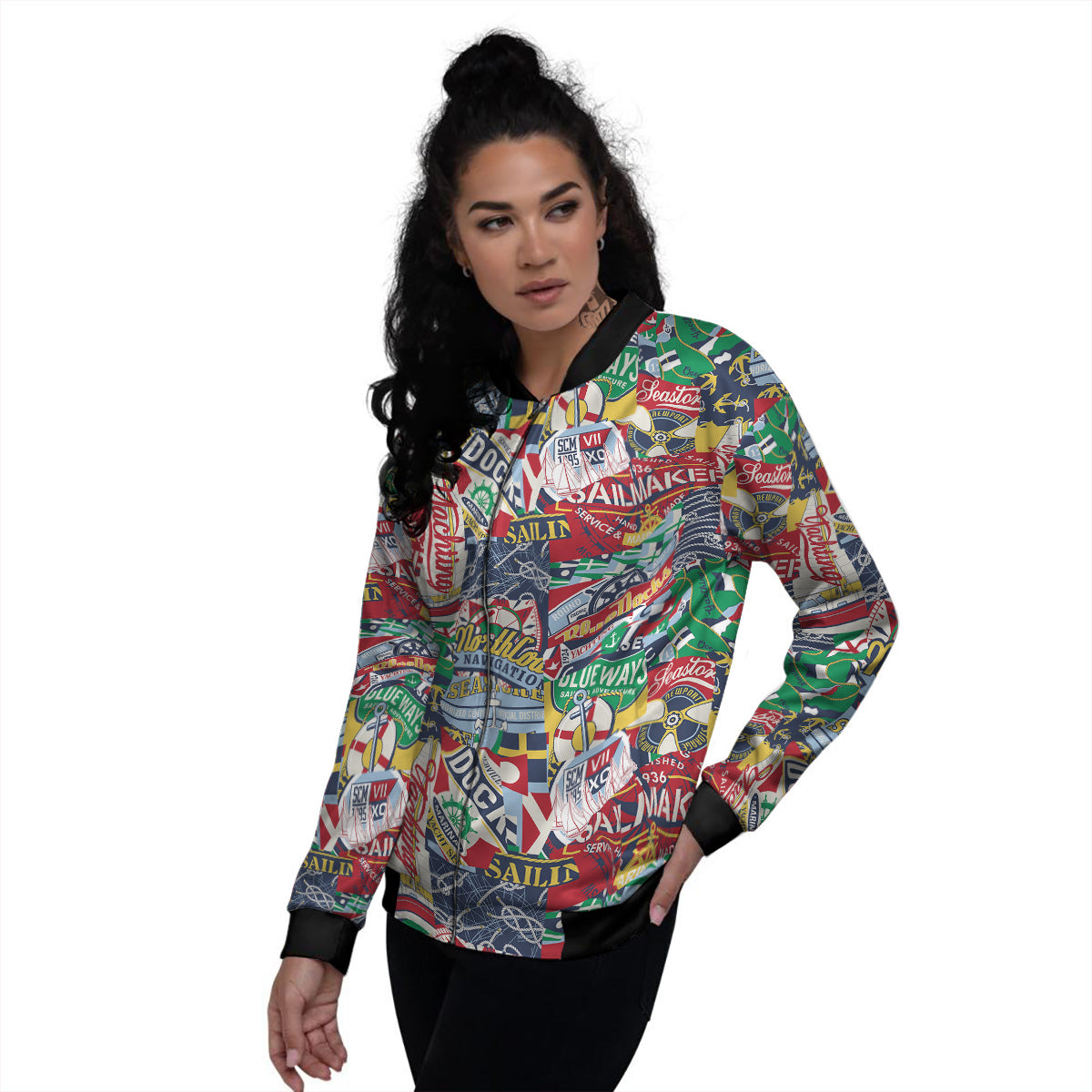 Patchwork Vintage Nautical Print Pattern Women's Bomber Jacket-grizzshop