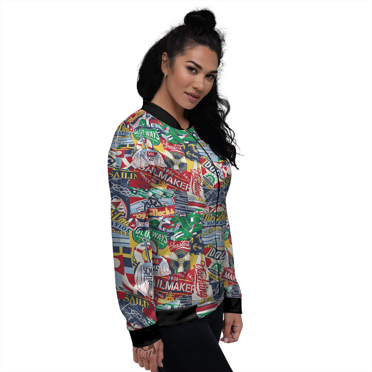 Patchwork Vintage Nautical Print Pattern Women's Bomber Jacket-grizzshop