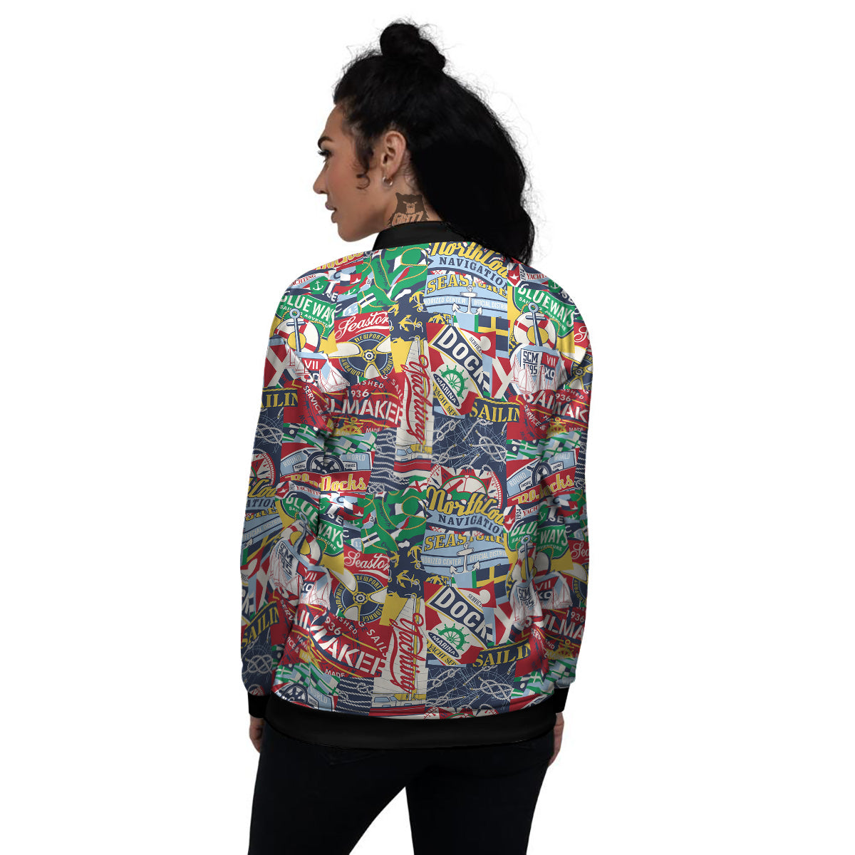 Patchwork Vintage Nautical Print Pattern Women's Bomber Jacket-grizzshop