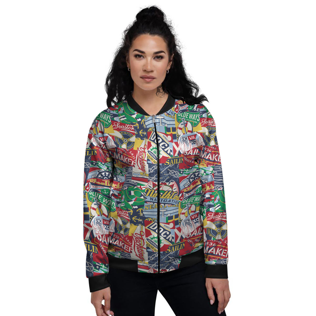 Patchwork Vintage Nautical Print Pattern Women's Bomber Jacket-grizzshop