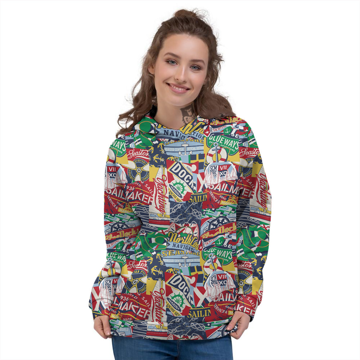 Patchwork Vintage Nautical Print Pattern Women's Hoodie-grizzshop