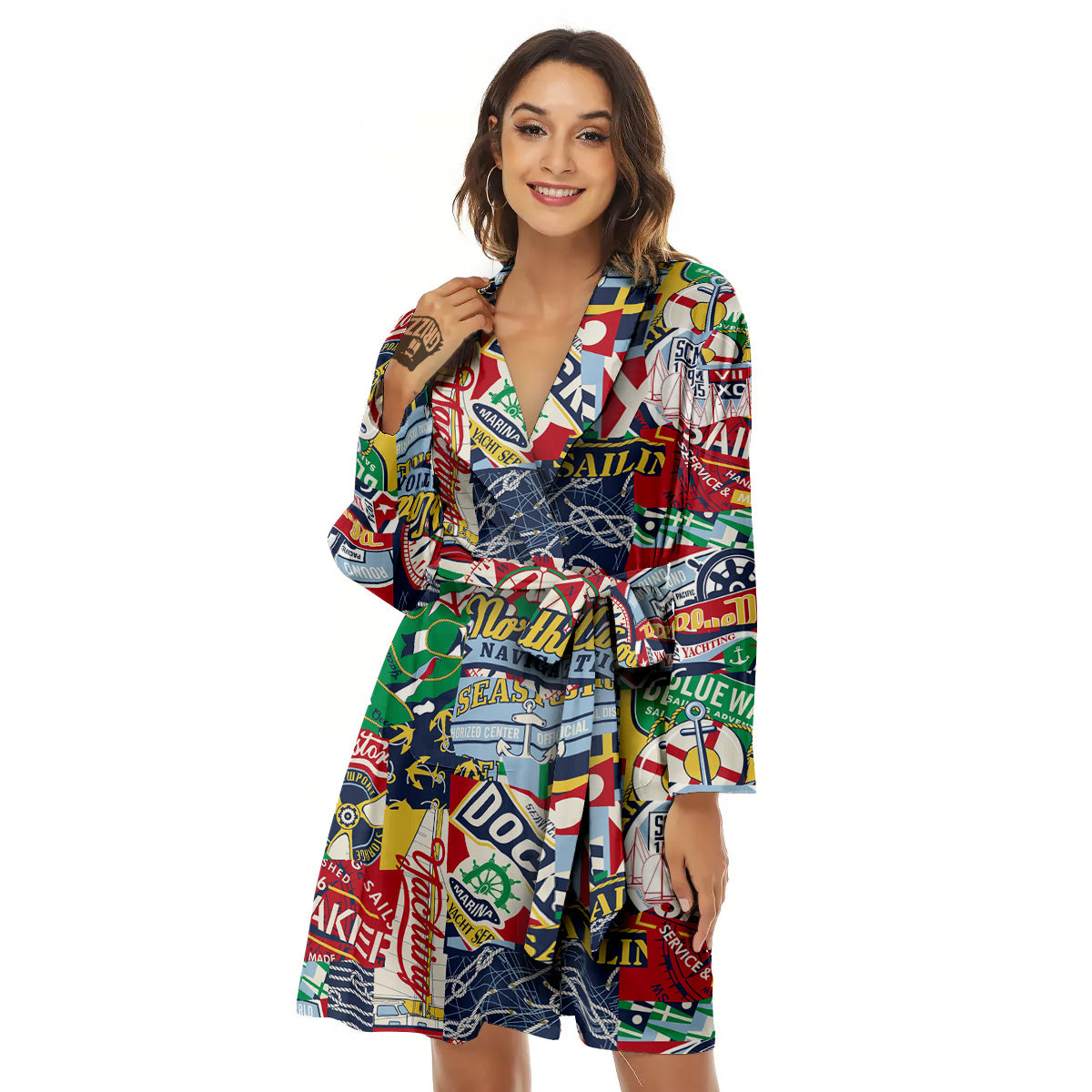 Patchwork Vintage Nautical Print Pattern Women's Robe-grizzshop