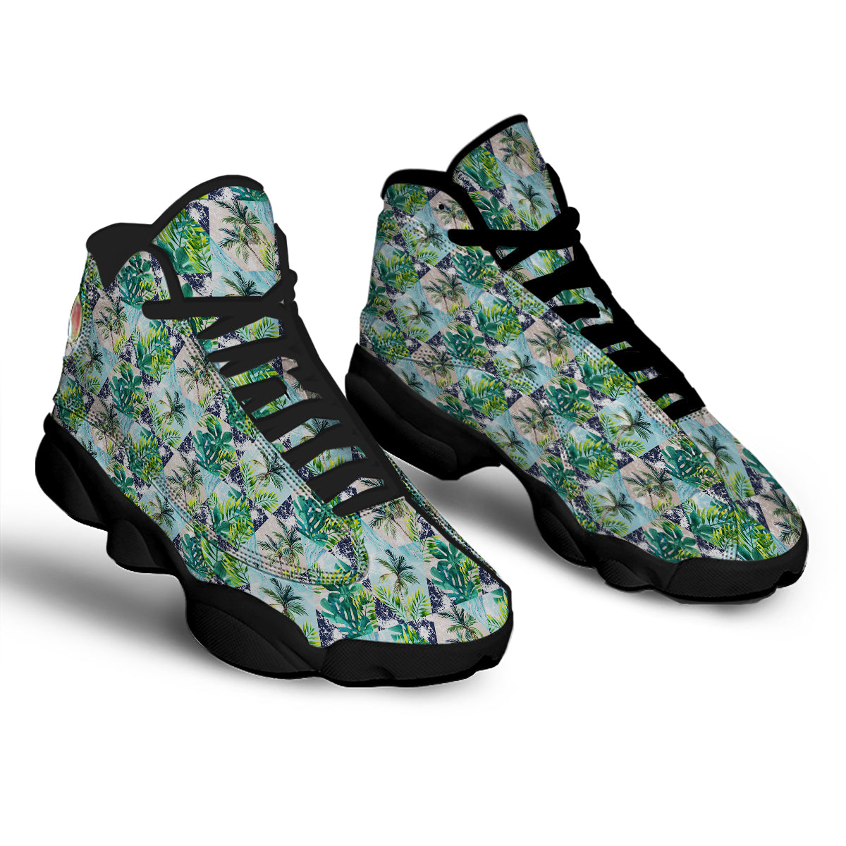Patchwork Watercolor Tropical Leaves Print Pattern Black Basketball Shoes-grizzshop