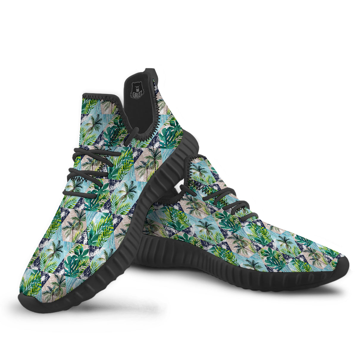 Patchwork Watercolor Tropical Leaves Print Pattern Black Walking Shoes-grizzshop