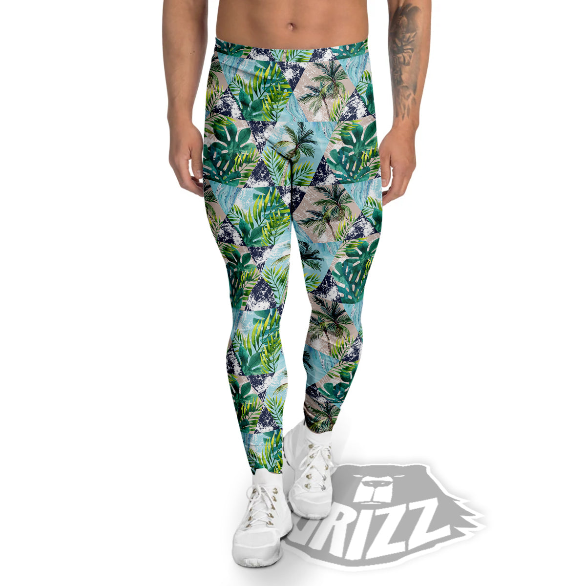 Patchwork Watercolor Tropical Leaves Print Pattern Men's Leggings-grizzshop