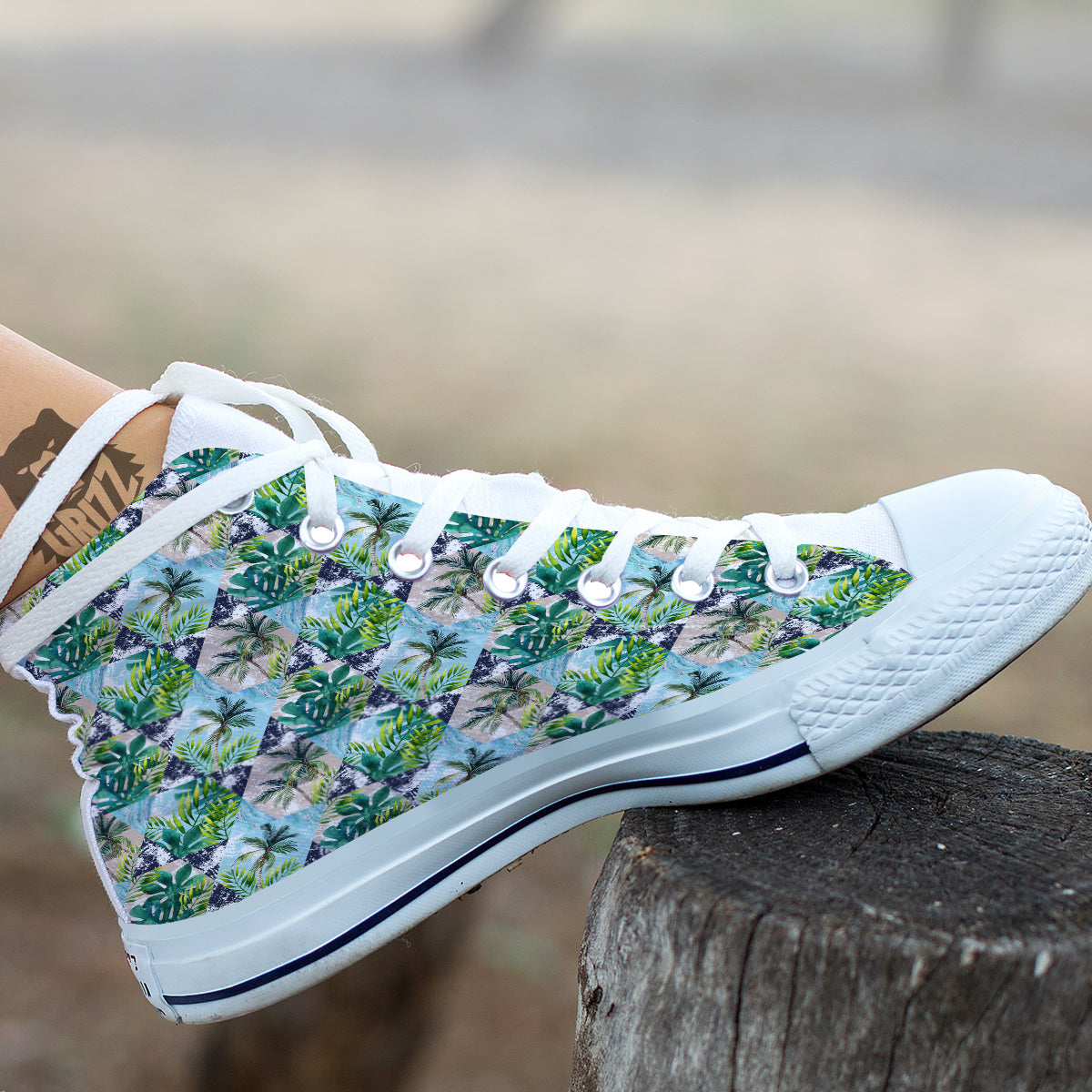 Patchwork Watercolor Tropical Leaves Print Pattern White High Top Shoes-grizzshop