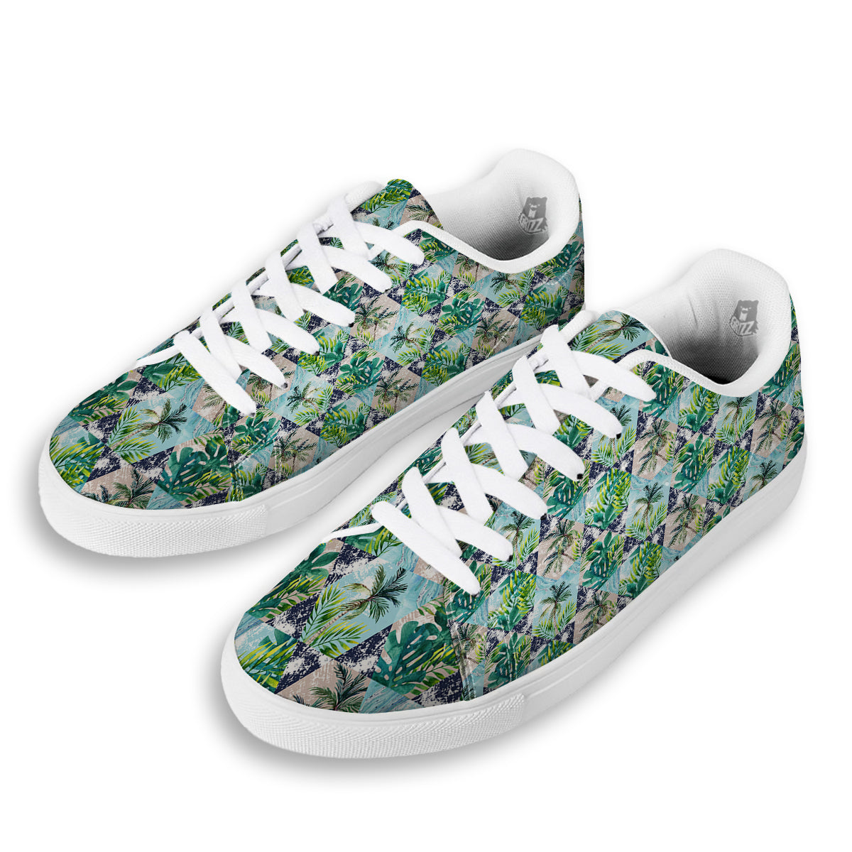 Patchwork Watercolor Tropical Leaves Print Pattern White Low Top Sneakers-grizzshop
