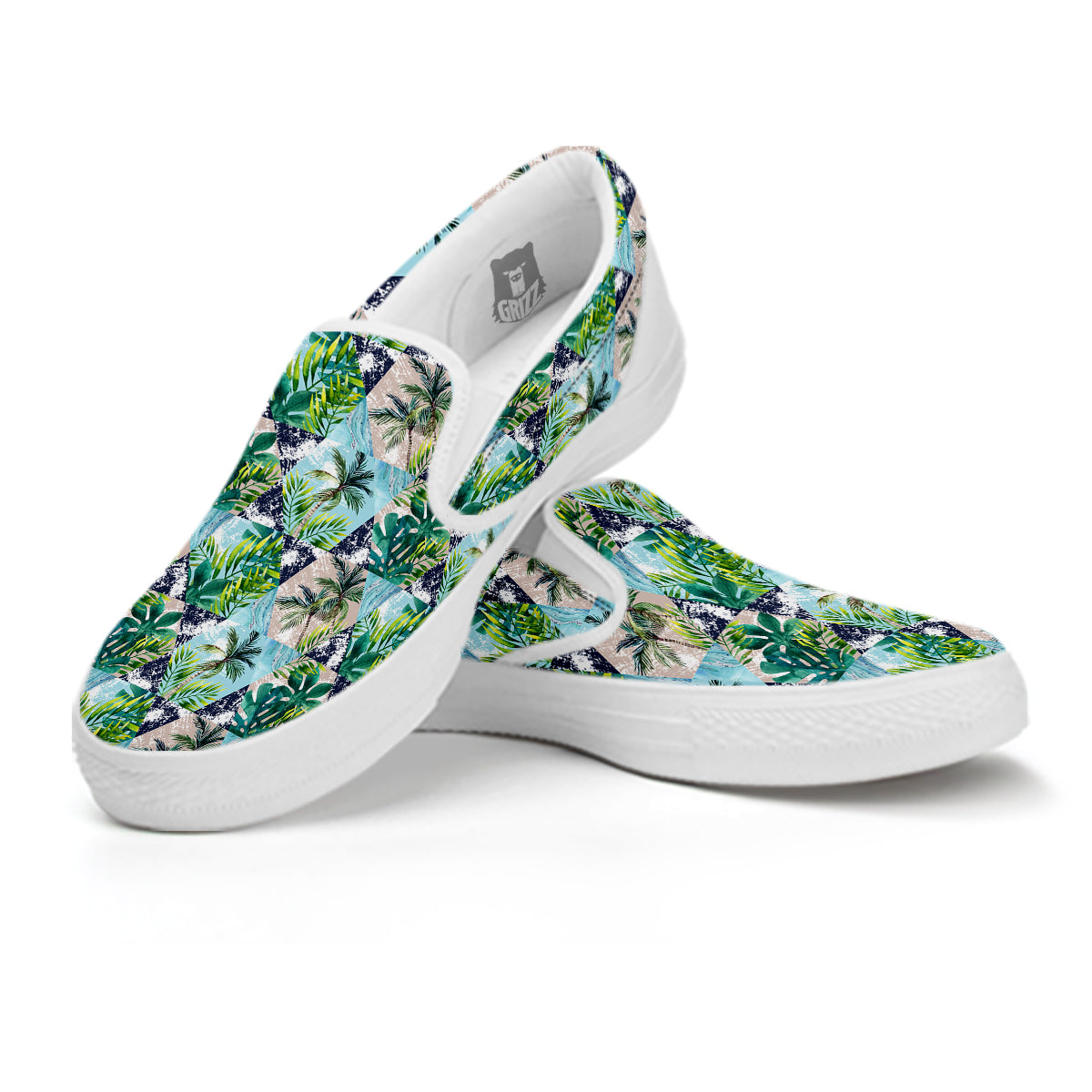 Patchwork Watercolor Tropical Leaves Print Pattern White Slip On Shoes-grizzshop