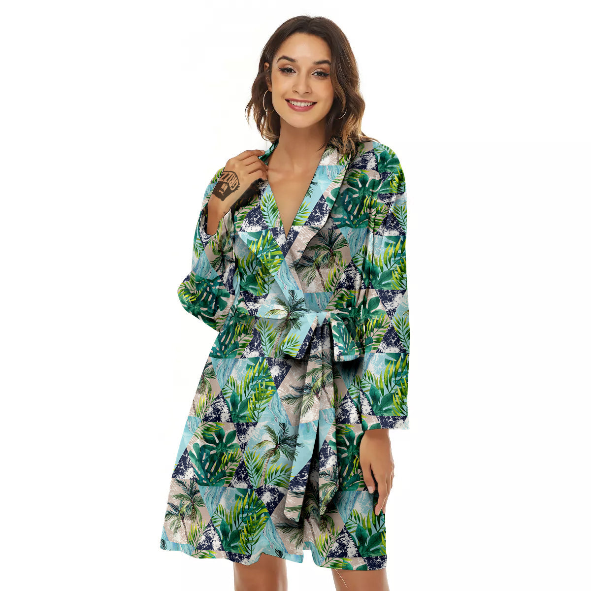 Patchwork Watercolor Tropical Leaves Print Pattern Women's Robe-grizzshop