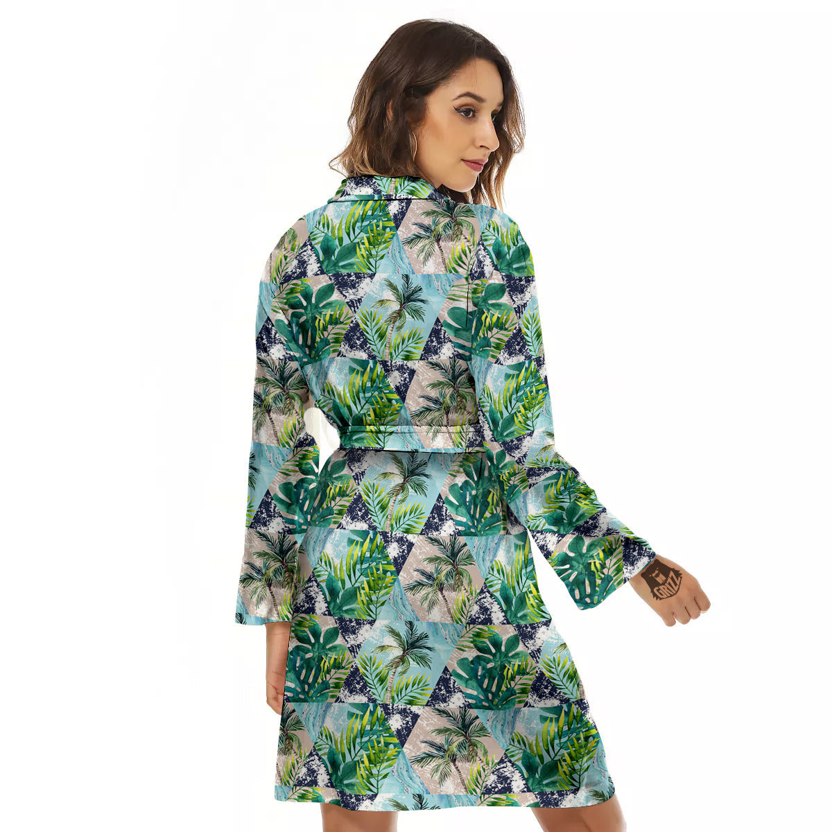 Patchwork Watercolor Tropical Leaves Print Pattern Women's Robe-grizzshop