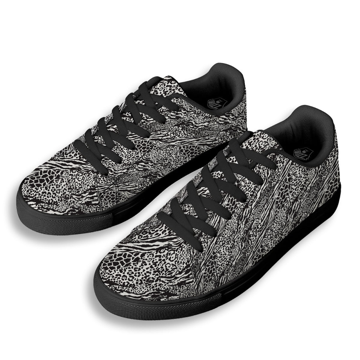 Patchwork White Black Animal Skins Print Pattern Black Low Top Sneakers-grizzshop