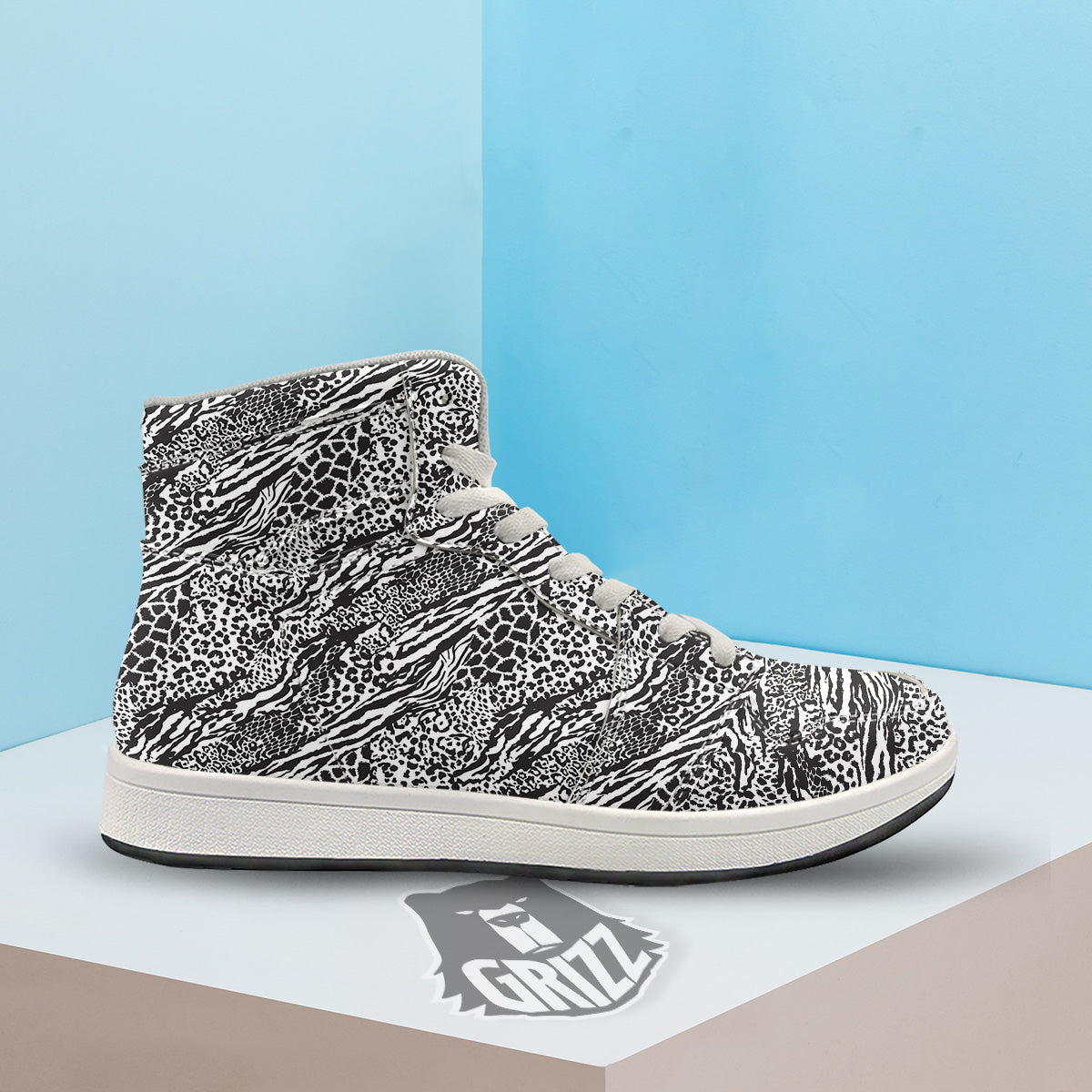 Patchwork White Black Animal Skins Print Pattern High Top Sneakers-grizzshop