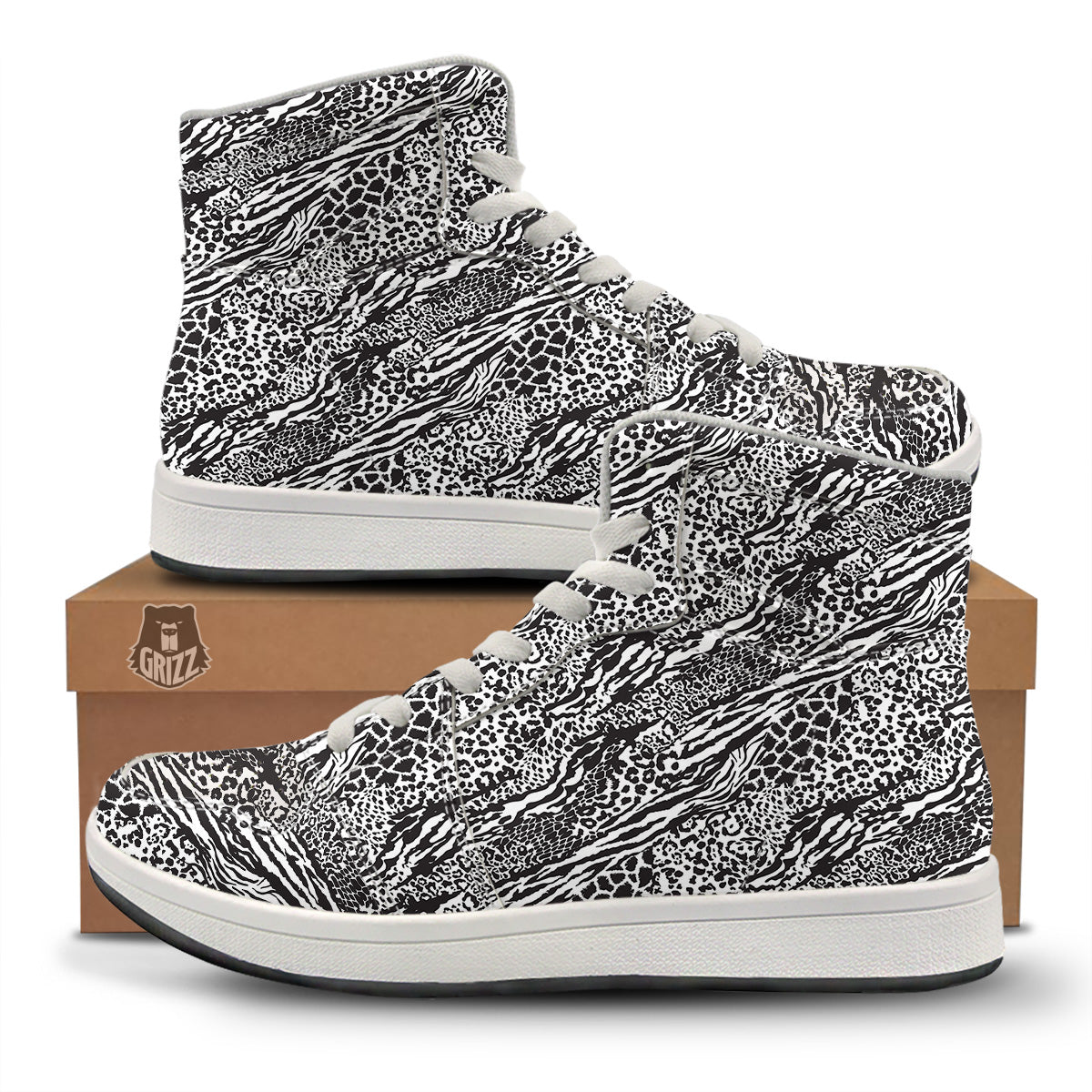 Patchwork White Black Animal Skins Print Pattern High Top Sneakers-grizzshop