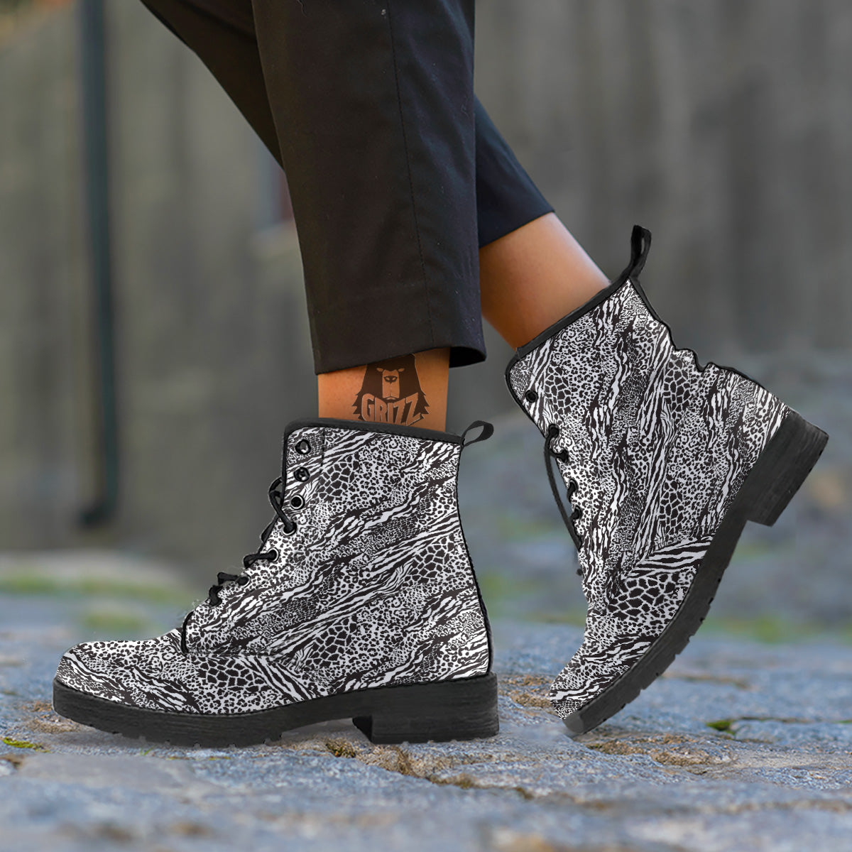 Patchwork White Black Animal Skins Print Pattern Leather Boots-grizzshop